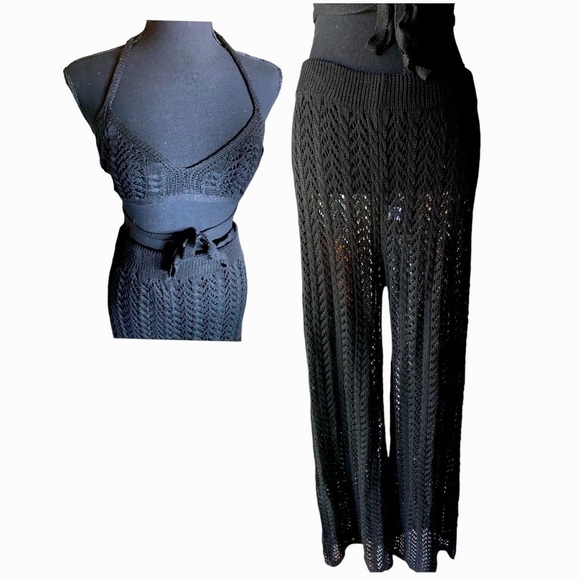 Crochet 2 pc Set Black Top & Stretchy Wide Leg Crochet Pants … - Picture 4 of 16